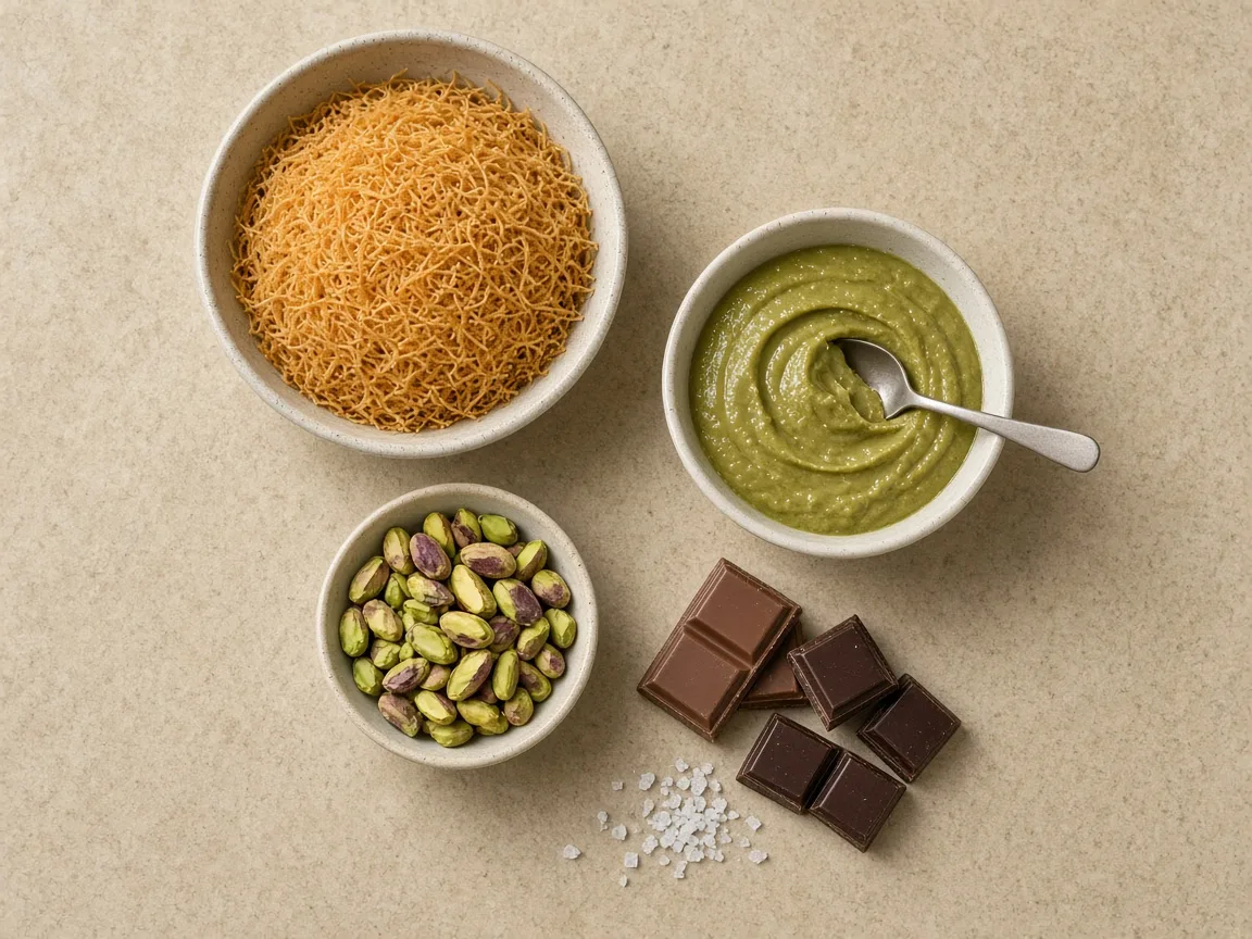 Kataifi, pistachio cream, pistachios and chocolate pieces