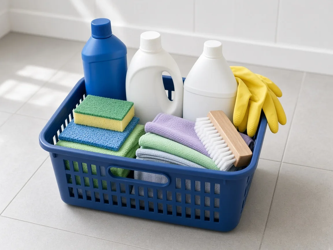 A caddy with cleaning products, cloths, sponges and gloves
