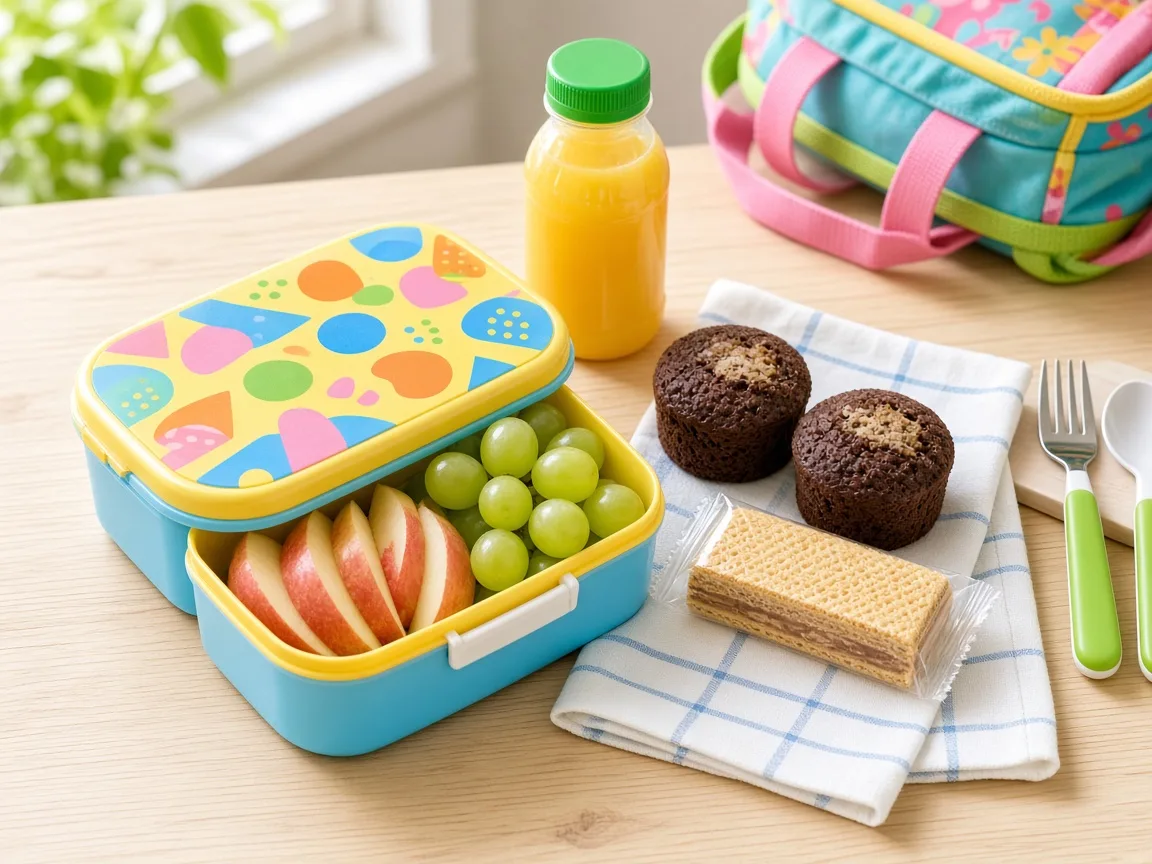 A lunch box with fruit, juice, chocolate cakes and a wafer